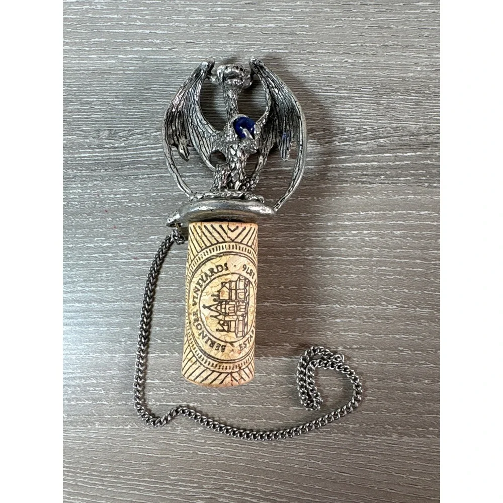 Dragon Wine Bottle Stopper Cork Chain Blue Gem Accent Pewter‎ Finish